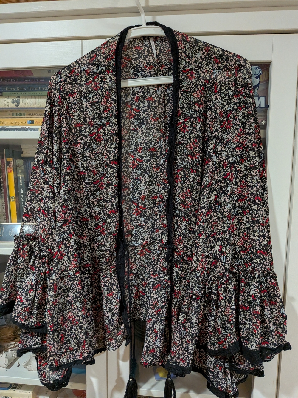 Free People Black Floral Open-Front Tunic with Red Accents